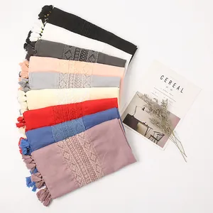 Elegante lange katoenen sjaal met kant en franjes in diverse kleuren set van
