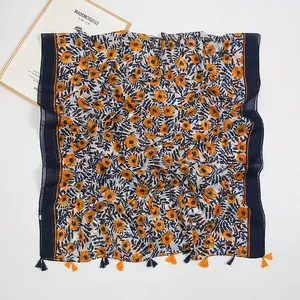 Floral print cotton linen scarf shawl with navy blue and orange patterns and tassels