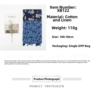 Detailed size and material guide for blue floral cotton linen scarf with tassels