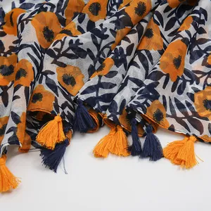 Floral cotton linen scarf with orange flower prints and fringe tassels for women