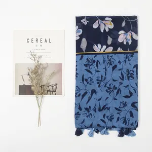 Blue floral cotton linen scarf with tassel fringe and contrast dual-tone patchwork design