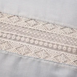 Detailopname van lichtblauwe stof met wit kant borduursel en elegante decoratieve kwastjes