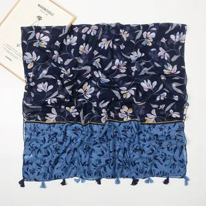 Deep blue and light blue floral print cotton linen scarf with tassel fringe for women