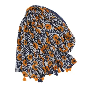 Floral print cotton linen scarf with orange tassels and bohemian pattern for women