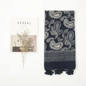 Ethnic paisley shawl in navy blue cotton fabric with fringe for sun protection