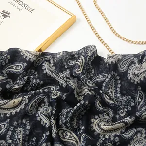 Ethnic style navy blue paisley cotton shawl scarf with soft woven texture and fringe