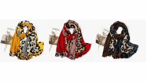 Three color variants of leopard print cotton linen scarves with stylish tassel edges