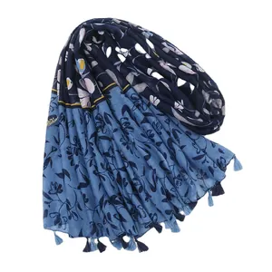 Blue floral contrast cotton linen scarf with handmade tassels for elegant women