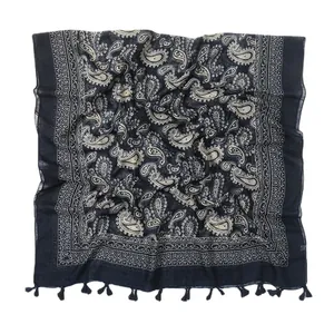 Dark blue paisley cotton shawl with fringe trim, lightweight ethnic scarf for women