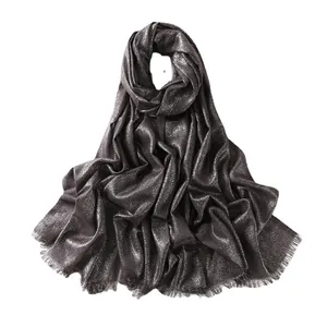 Deep greyish purple scarf with metallic glitter texture and soft fringe trim