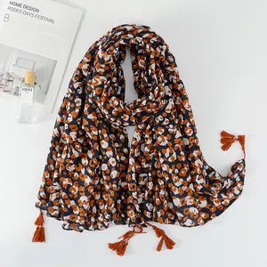 Ethnic Leopard Print Scarf Long Shawl For Women Vintage Cotton Blend Feel Fabric With Tassels Soft Sun Protection Travel Wrap Accessory