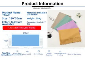 Detailed size and material diagram of soft cashmere-feel tassel scarf measuring 180x70cm