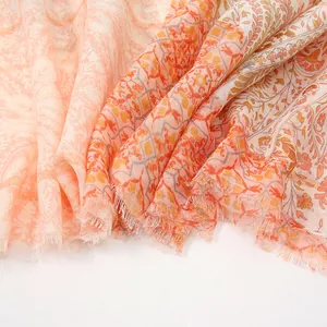 Bohemian paisley leaf print shawl with gold metallic silk and frayed edges for sun protection