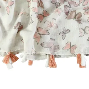 Elegante sciarpa con stampa a farfalla, nappe e dettagli in polvere d'oro scintillante