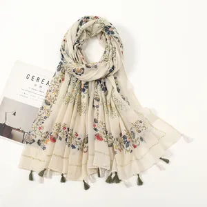 Vintage Floral Print Scarf For Women Cotton Linen Feel Sun Protection Shawl Tassel Fringe Beach Wrap Holiday Voile Scarf