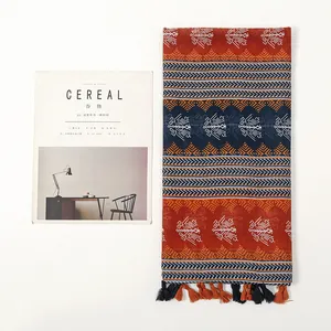 Bohemian geometric cotton linen scarf with tassels in brick red and navy blue