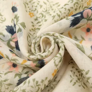 Floral cotton linen scarf shawl with pink blossoms and green leaves on cream base
