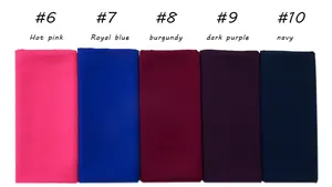 Flat lay of five vibrant chiffon scarves in pink, blue, burgundy, purple, and navy blue