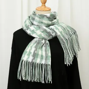 Winter plaid scarf in mint green and grey cashmere-like fabric with fringe tassels