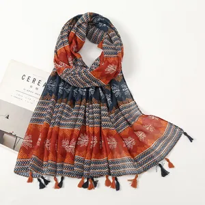 Bohemian Geometric Scarf For Women Ethnic Tribal Print Shawl With Tassels Soft Voile Wrap Sun Protection Travel Beach Accessory