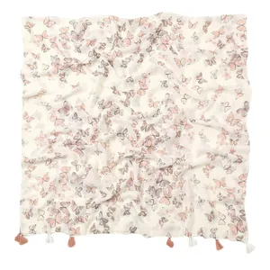 Sciarpa con stampa farfalle e frange, elegante scialle in garza di cotone bianco da donna