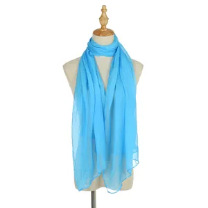 Sky blue long chiffon scarf for women shown with lightweight texture on a mannequin