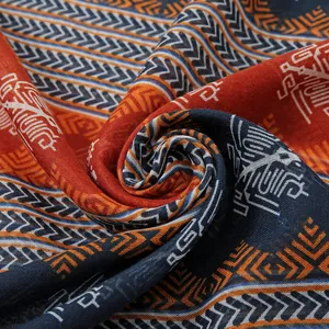 Bohemian geometric cotton linen scarf with ethnic tribal patterns in brick red and navy