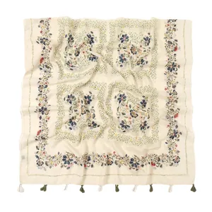 Floral print cotton linen shawl with vintage vines and tassels for beach sun protection