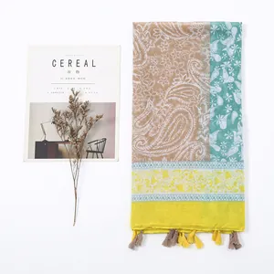 Bohemian paisley printed bali yarn scarf with colorful tassels for sun protection