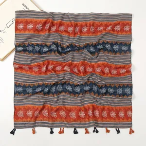 Detail view of Bohemian geometric pattern scarf with bird motifs and bicolor tassels