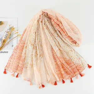 Châle ethnique en coton et lin à motif cachemire et pompons pour voyage à la plage