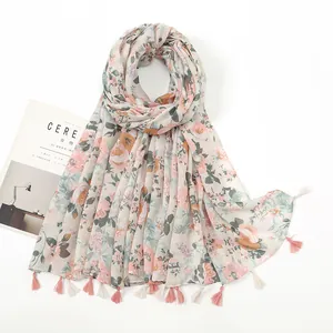 Women Fresh Floral Scarf With Tassels Cotton Linen Feel Lightweight Breathable Sunscreen Shawl Wrap For Travel Beach Party