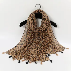 Pink leopard print long scarf with dual-tone tassels for women as beach shawl