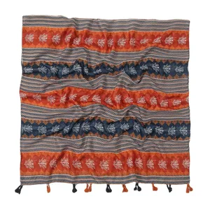 Bohemian geometric printed cotton linen scarf with orange tassels and tribal bird patterns