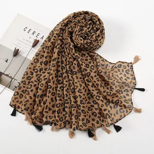 Women Leopard Print Voile Scarf Fashion Long Sunscreen Shawl Wrap With Tassel Bohemian Beach Travel Neck Scarf Large Muffler
