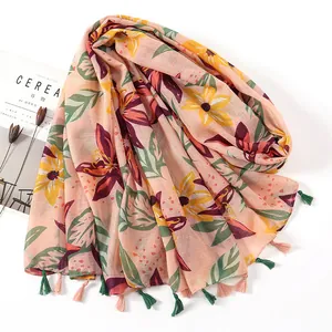 Vintage floral linen-feel shawl with peach color and tassels for beach sun protection