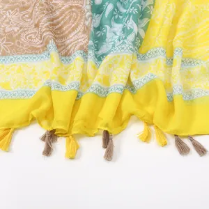 Floral print voile scarf with vintage paisley patterns and yellow tassels for sun protection