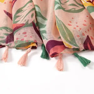 Vintage floral cotton linen shawl with colorful tropical leaves and tassel hem fringe