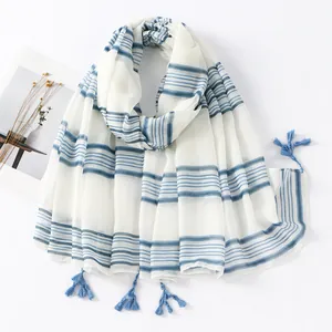 Womens Blue And White Striped Voile Scarf With Tassels Lightweight Sun Protection Shawl For Beach Travel Accessory