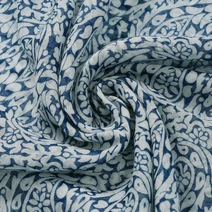 Detailed macro view of woven scarf fabric featuring blue floral pattern and soft texture