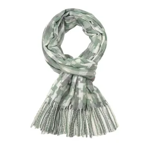 Winter plaid scarf with green and white mosaic pattern and soft fringe trim