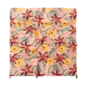 Vintage floral cotton linen scarf with large pink flowers and tassels for beach sun protection