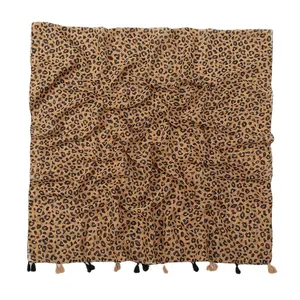 Pink leopard print long scarf with fringe edges in soft lightweight cotton-linen feel