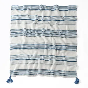 Blue and white striped scarf with tassels, soft cotton-linen feel shawl for women