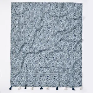 Detailed view of lightweight blue and white paisley printed scarf featuring tassels