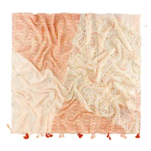 Châle ethnique orange à motif paisley avec pompons et sensation légère coton-lin