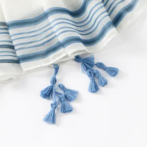 Blue and white striped cotton shawl with tassel fringe for beach and sun protection