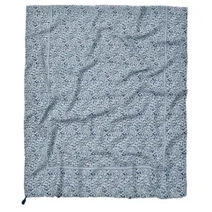 Blue paisley cotton linen scarf with geometric borders and elegant tassels