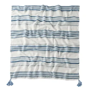 Blue and white striped scarf with tassels for sun protection and stylish draping
