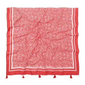 Red floral beach shawl with white flower pattern and elegant fringe tassels for summer